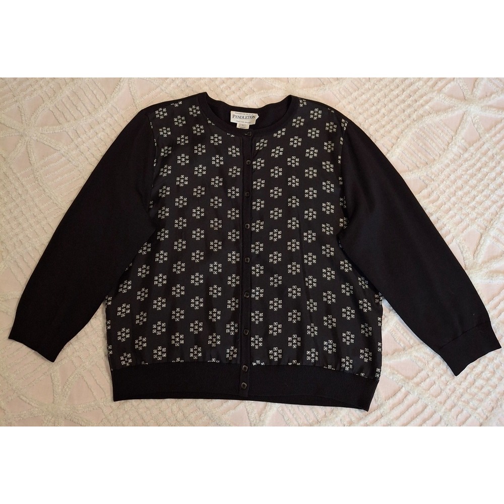 Pendleton Womens Large Cardigan Black Silk Blend Geometric 3/4 Sleeve Sweater